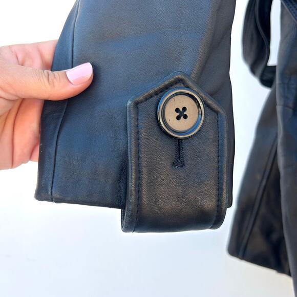 Mossimo Genuine Leather Belted Trench Coat Black Jacket Medium Y2K Buttons - Picture 8 of 10
